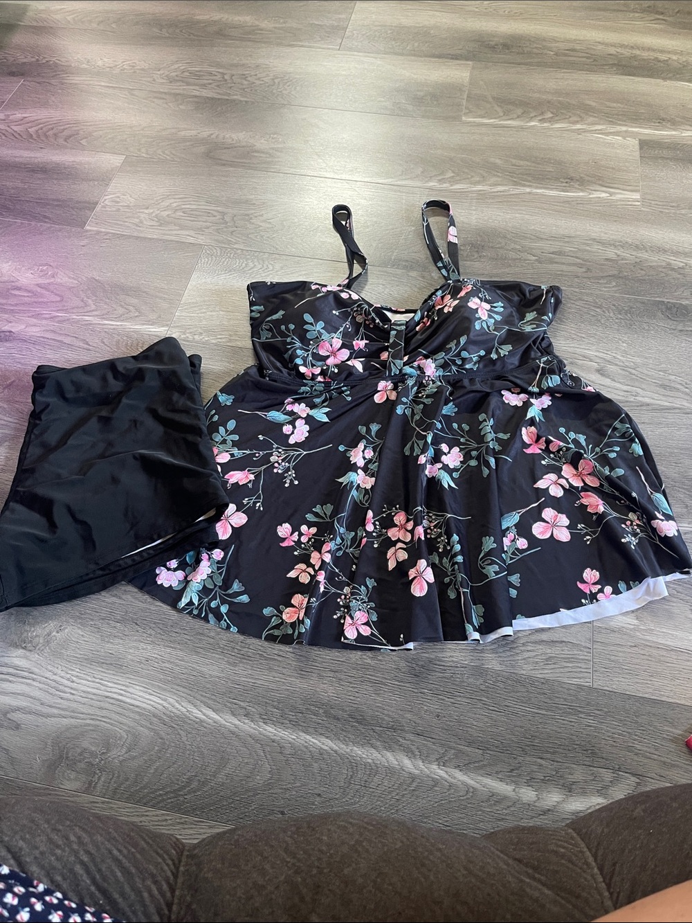 Floral Black Pink Swim Dress with Skirted Bottom